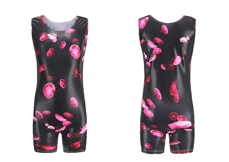 Girls Short Jumpsuits Shiny Spandex Gymnastics Print Ballet Leotards Swimsuit for Dancing One-piece Bodysuit Costume Sleeveless