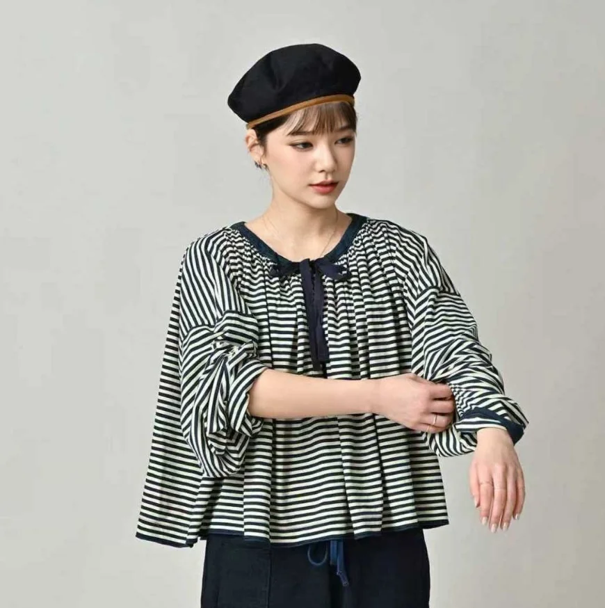 

Sweet Faionable Striped Ne Ribbon Loose Bamboo Cotton T-irt Women's Sle Japanese Loose Fit Seven Sve Cotton Tee