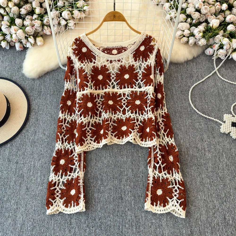 Daisy Crochet Knit Sweater Long Sleeve Sheer Open-knit Crop Knit Top Pullover dla kobiet Teen-girl Fall Winter Boho Beach Outfit