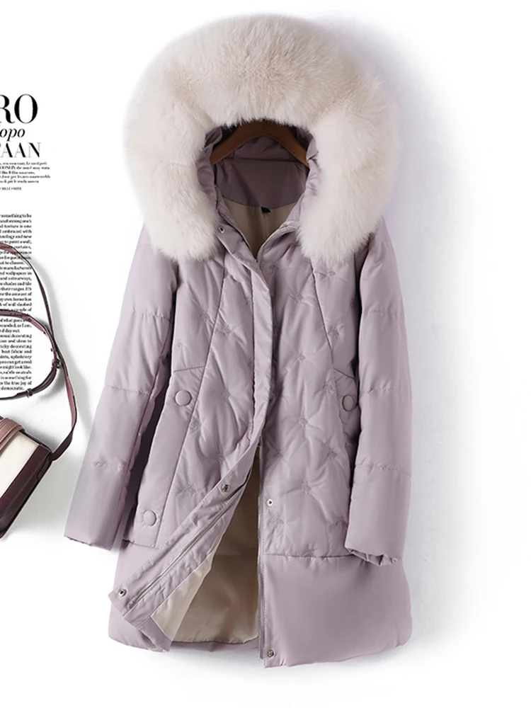   Ning 本革ダウンジャケット レディース ミッドレングス シープスキン ウィンターコート ファートリム フード付き ロングスリーブ スリムフィット