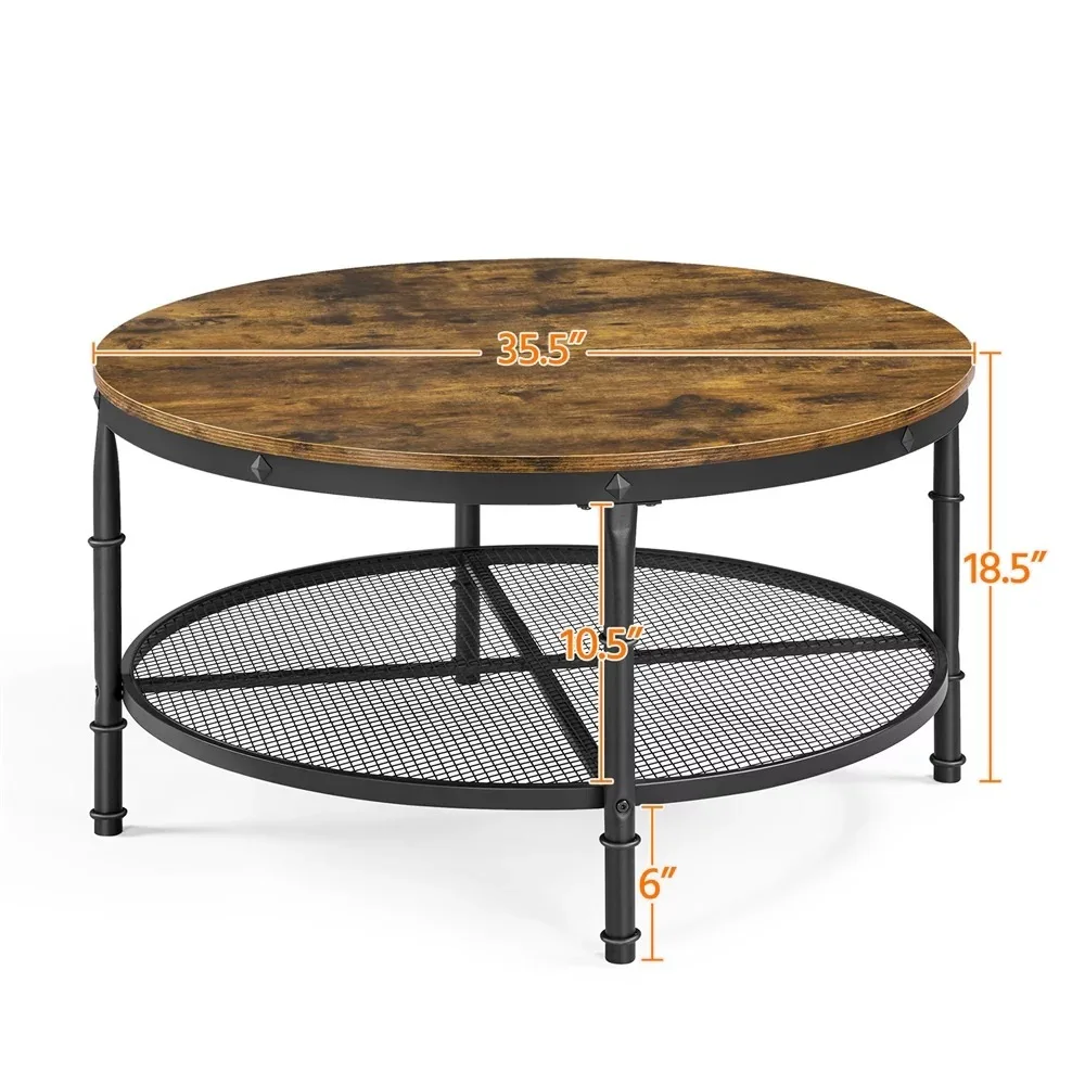 Smilemart-Table basse ronde moderne en métal avec étagère de rangement, marron rustique