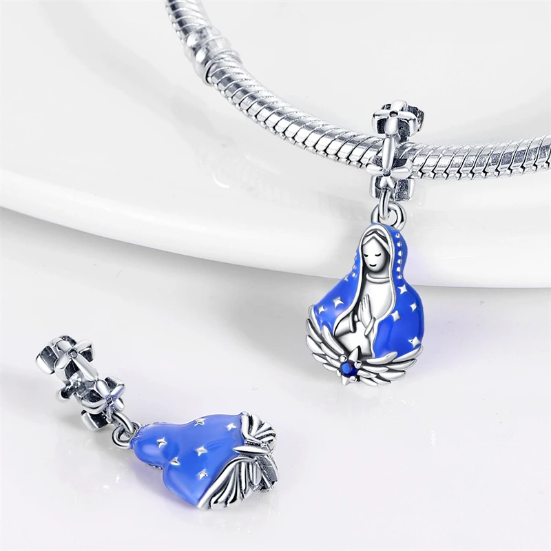 

Original Charms 925 Sterling Silver Blue Virgin Mary Pendant Beads Fit Bracelet Women Jewelry Making Diy Gift