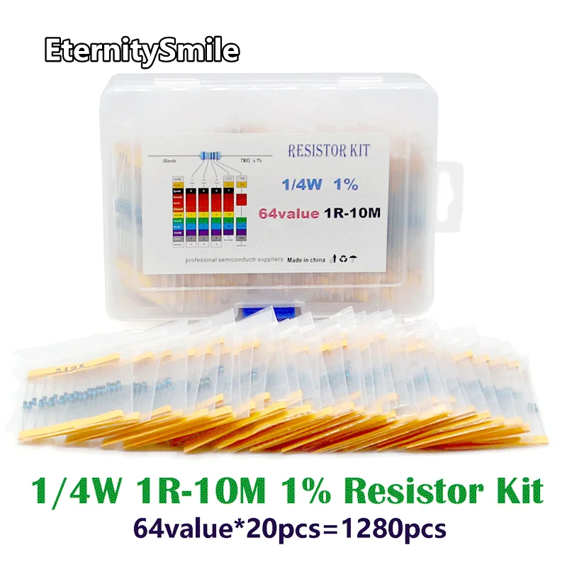 1280Pcs/Lot 64 Values 20Pcs Each 1/4W Metal Film Resistors Kit 1R-10M Ohm 1% High Precision Resistance Set Assortment