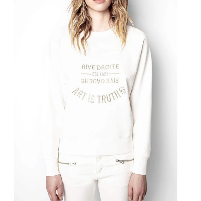 بلوفر نسائي من القطن المطرز بحروف كلاسيكية ZV على الطراز الفرنسي الجديد