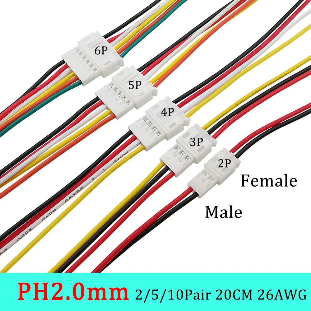 

2/5/10Pair 26AWG Micro JST PH2.0mm 2-6 Pin Male Plug Female Jack Wire Connector 20CM JST PH 2.0 Electrical Wire Cable Connector