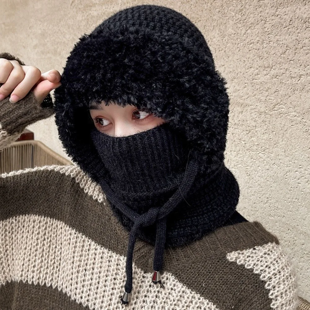 Simple Multi functional Balaclavas Hat Plush With Ties Knitted Beanies Hat Bib Thickened Mask Neck Cover Set Outdoor
