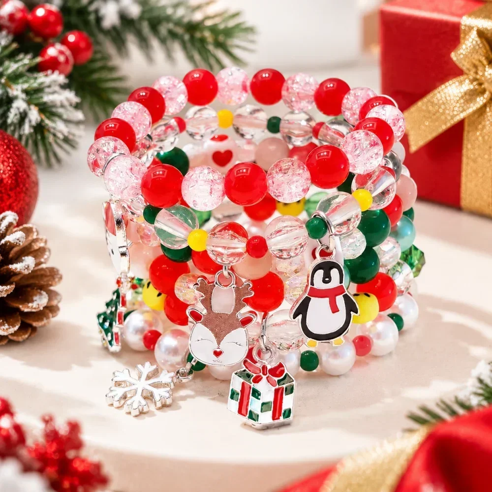 Christmas Jewelry Bracelet for Women Girls Red White Blue Beaded Bracelet with Cute Snowman Mitten Charms Holiday Gift