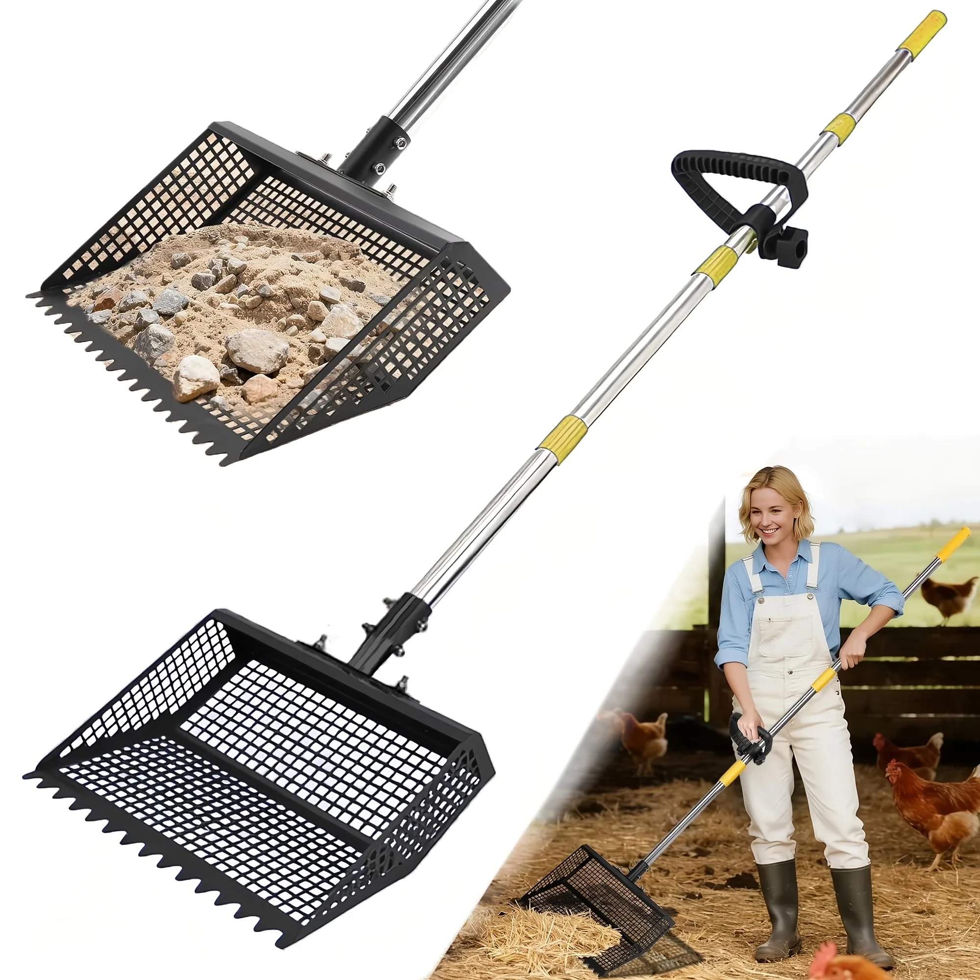

2-in-1 Heavy-Duty Scooper & Rake with Adjustable 26-76” Stainless Steel Handle - Shatterproof Litter Scooper & Sand Sifting Shovel Suitable for Chicken Coop, Horse Stable, Barn - Lightweight Farm for Manure Removal & Stall Cleaning