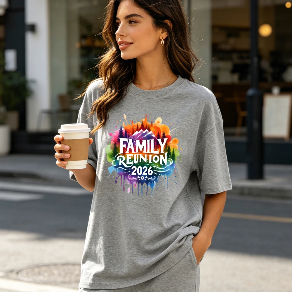 2026 Family Reunion Watercolor Style Tee Rainbow Mountain Forest Casual Crewneck T-shirt Men Women Fashion Summer Cotton Tops