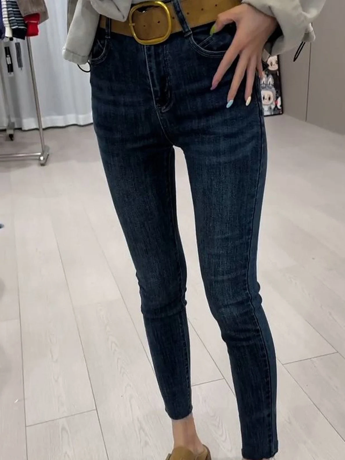 High Waist Fleece Lined Skinny Jeans Women's Fall New Small Size Elastic Slim Fit Versatile Nine Point Pencil Pants