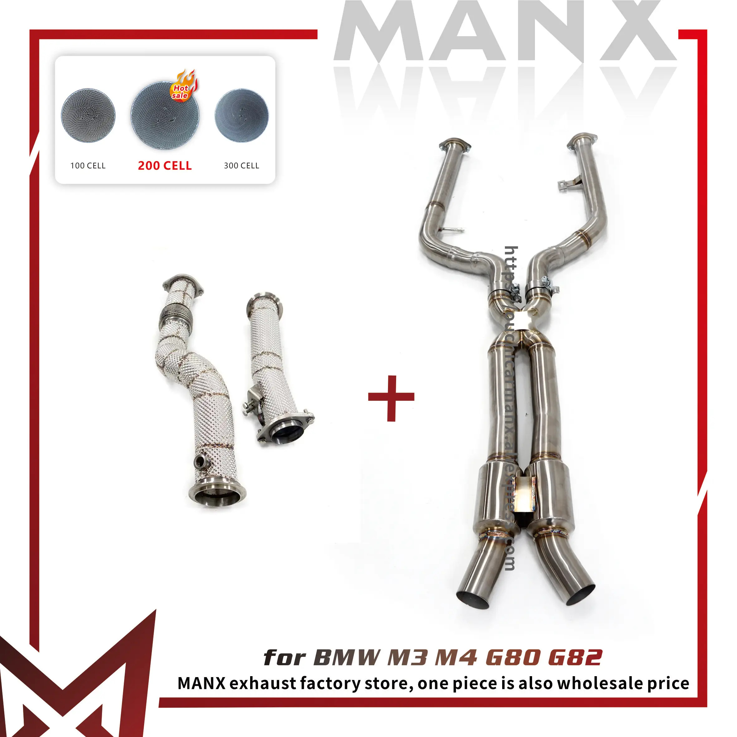 

MANX 2025 Новый дизайн для BMW M3 M4 G80 G82 Даунпайп Средняя труба SS304 с каталитическим нейтрализатором X-образная выхлопная труба