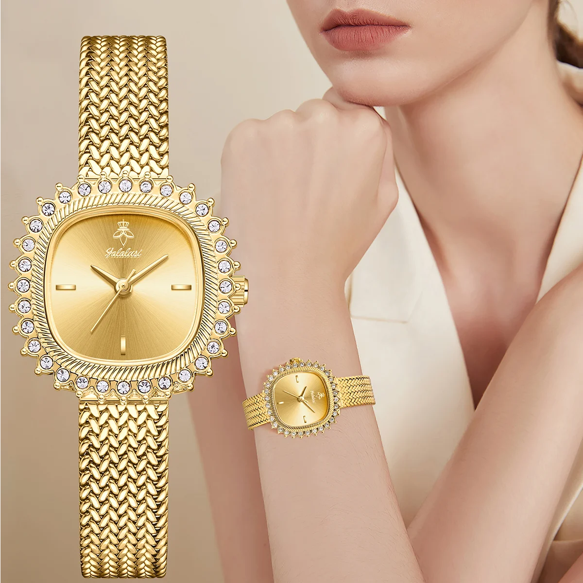 Fashionable, Luxury Sunflower-Patterned Bezel Square Ladies’ Dress Watch with A Mesh Metal Strap and Quartz Movement