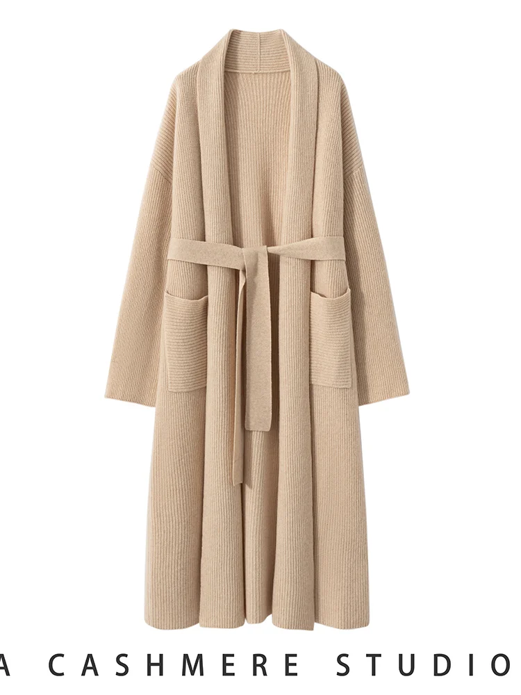 

Шикарный кардиган из мягкого кашемира Grace, длинное пальто, свитер из 100% кашемира, роскошный стиль, женские толстые осенне-зимние вязаные топы на шнуровке