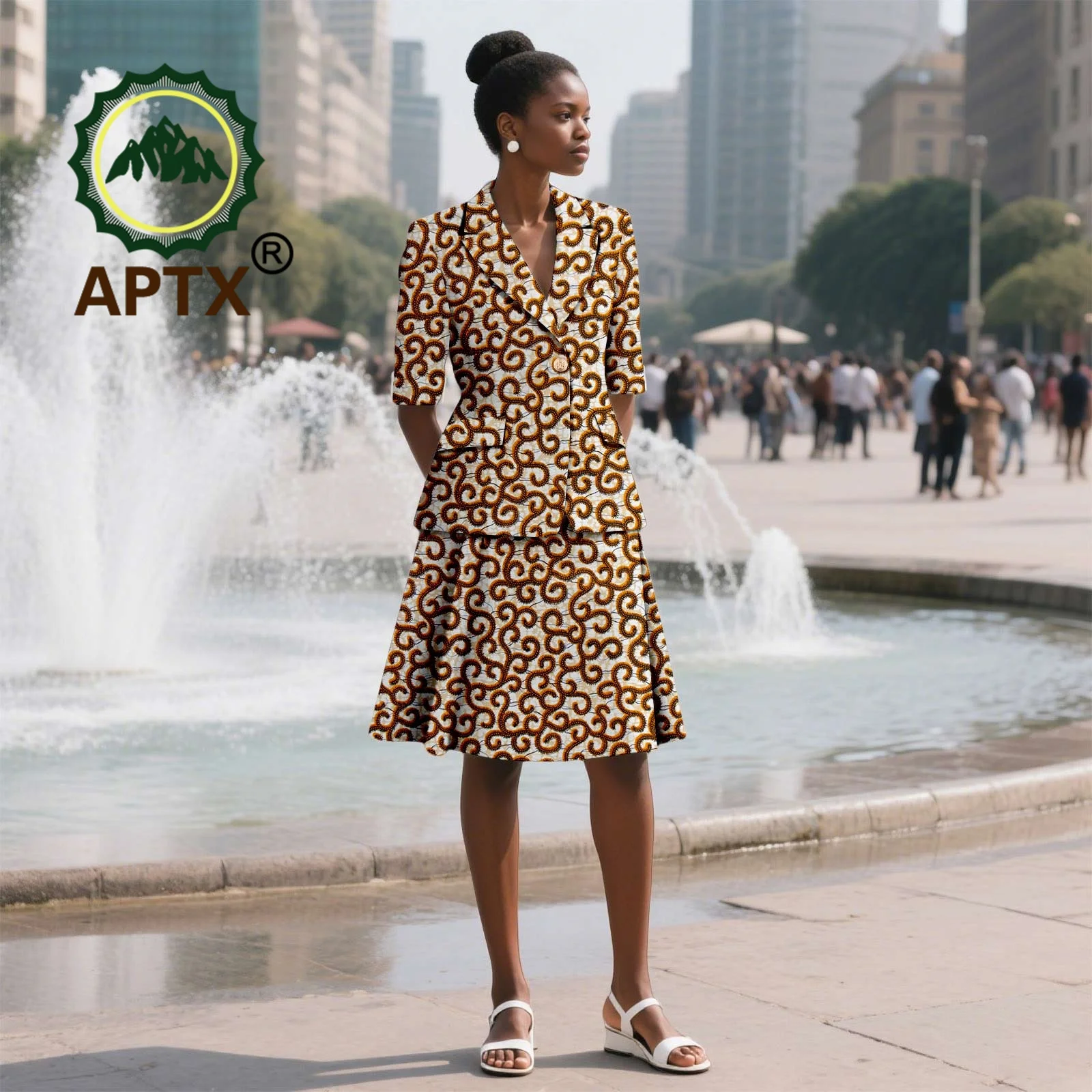 

African Women's Printed Ankara Turn-down Collar Half Sleeve Top Knee-Length Skirt two-piece Set Dashiki Casual Office Lady