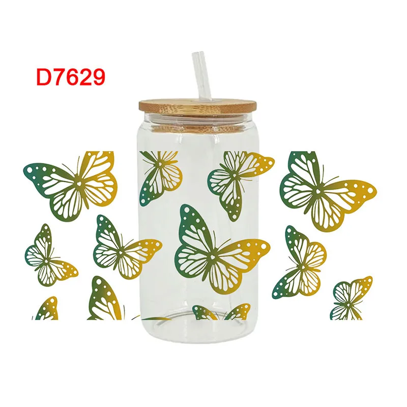 UV DTF převody nálepky, 16oz, pohár zábaly, kvést, motýl tištěným, DIY sklo, keramika, kov, kůže, alpd D7623