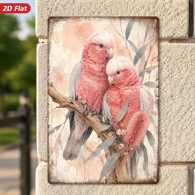 2D Flat, 1pc Pink Cockatoo Pair Metal Sign Wall Art, Perched Tree Branch, Ideal for Study Dining Room Workspace, Home Decor,