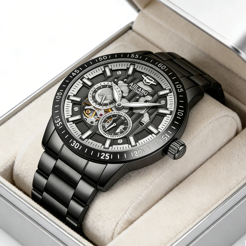

Мужские механические наручные часы AILANG Hollow Skeleton, модные светящиеся часы, мужские военные спортивные водонепроницаемые автоматические часы