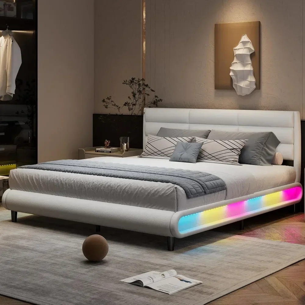 King gestoffeerd platformbed met LED-lichtstrips, bedframe met hoofdeinde en lattenbodem, geen boxspring nodig, bedframe