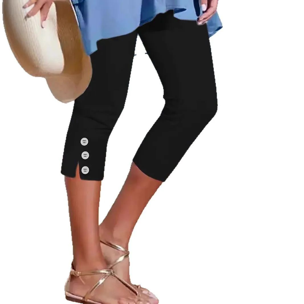 2025 cross-border summer mid-waist elastic solid color cropped pants tight fashion sexy button casual pants women cw08404