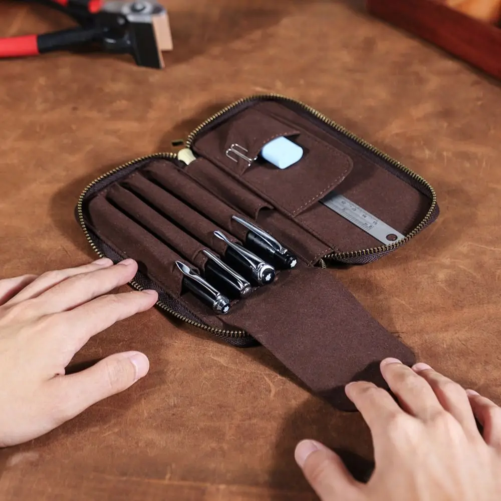Handmade Leather Genuine Leather Pencil Case 4 Slots Design Vintage Style Pen Case Crazy Horse Leather Pencil Bag