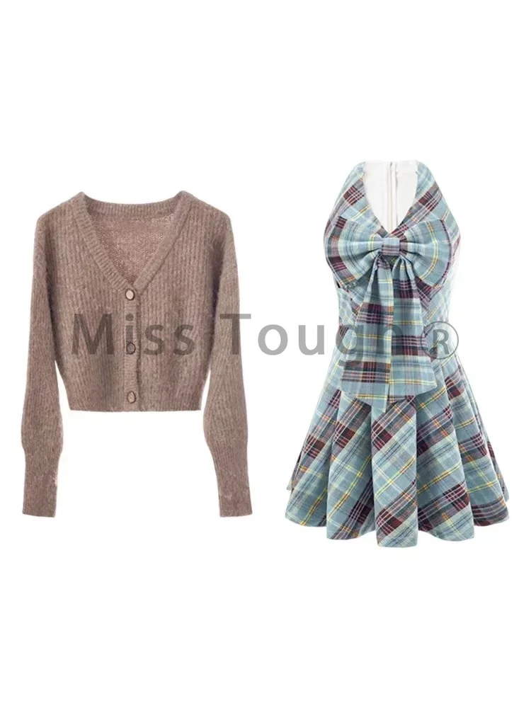 Winter Korean College Style Sweet 2 Piece Set Soft Knit Cardigan + Retro Plaid Dress New Fashion Vintage Party Dress Outfit 2024