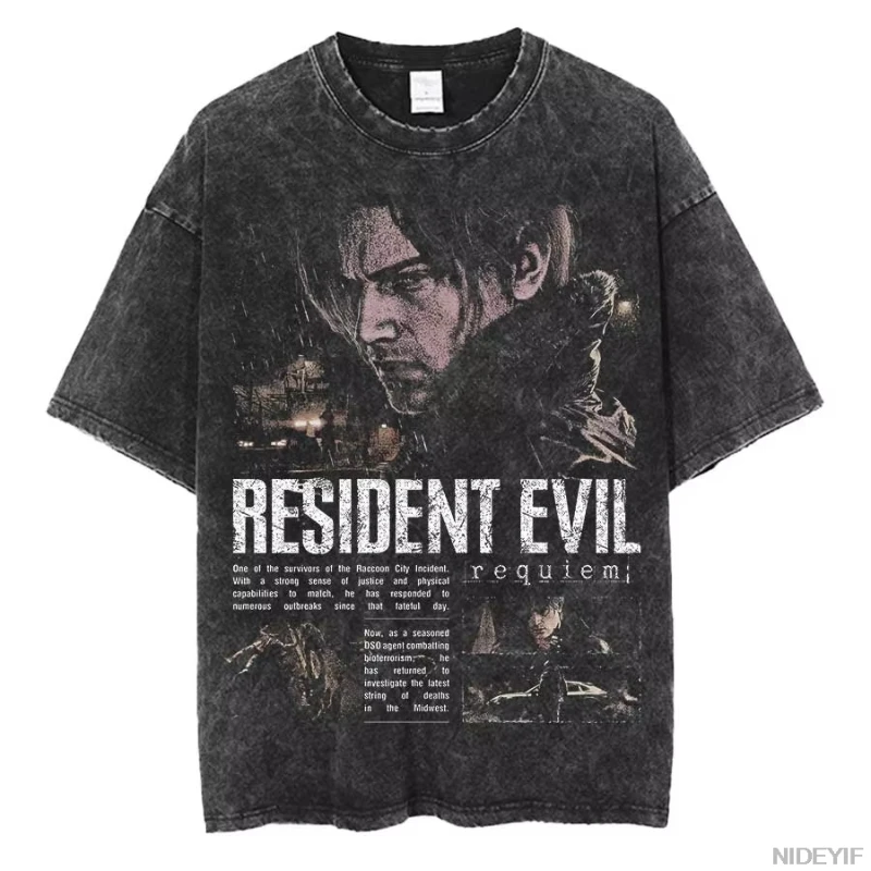 1990S Resident Evil Biohazard Leon Kennedy Oversized T shirt 100% Cotton Vintage Washed T-shirt for men women