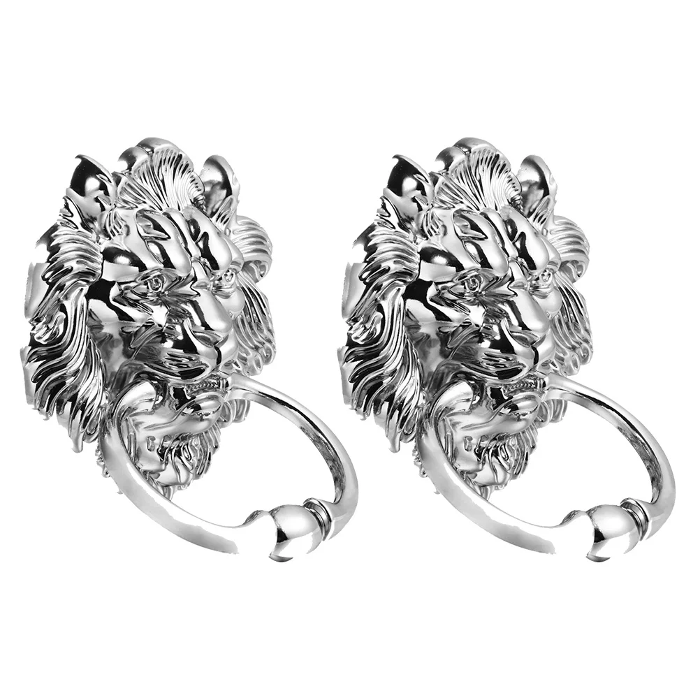 

2Pcs Zinc Alloy Lion Head Door Knocker Silver Durable Heavy Duty Front Door Pull Ring Cabinet Drawer Handle