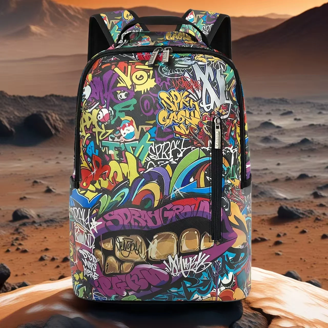 

A Hip-Hop Street-Style Spray-Painted Floor-Pattern Backpack, Unisex, with a Checkered Pattern, a New Trendy Lightweight Printed Backpack, Also a Fashionable Outdoor Commuter Bag, Large-Capacity Travel Bag, Multifunctional Storage Backpack, with Adjustable