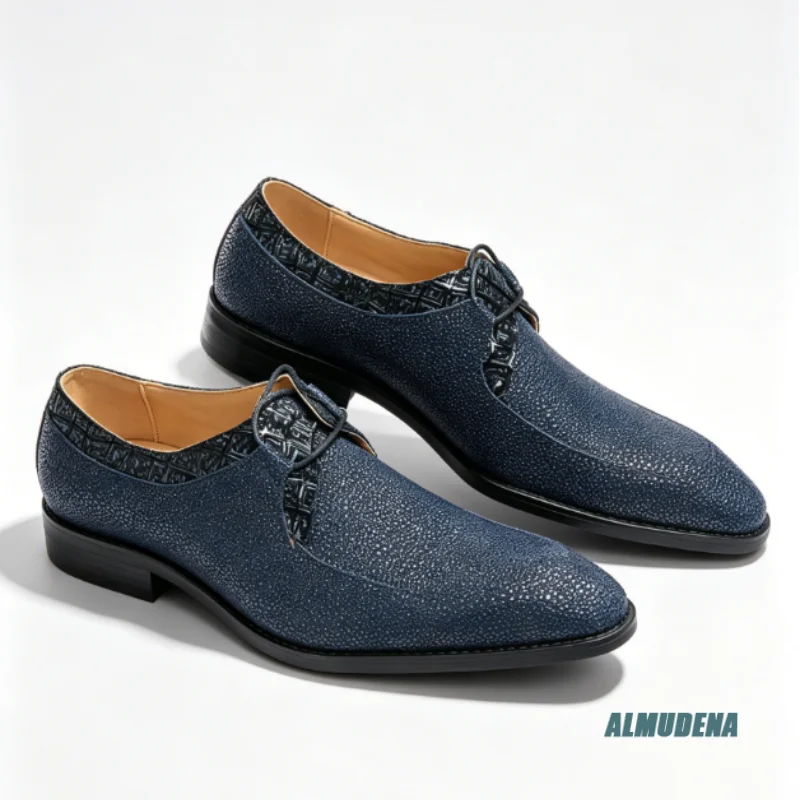 Fashion Navy Men Oxford Dress Shoes Grain Textured Leather Geometric Print Panel Lace Up Pointed Toe Party Office Formal Shoes