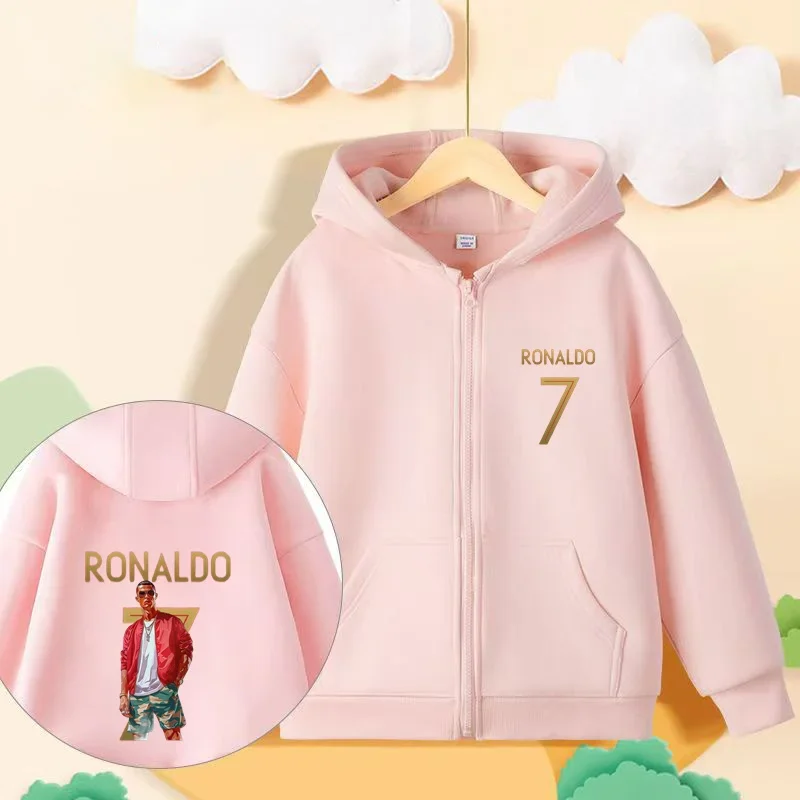 Football star Ronaldo, children\'s hoodie, zip up shirt, casual and fashionable style for boys and girls aged 3-14