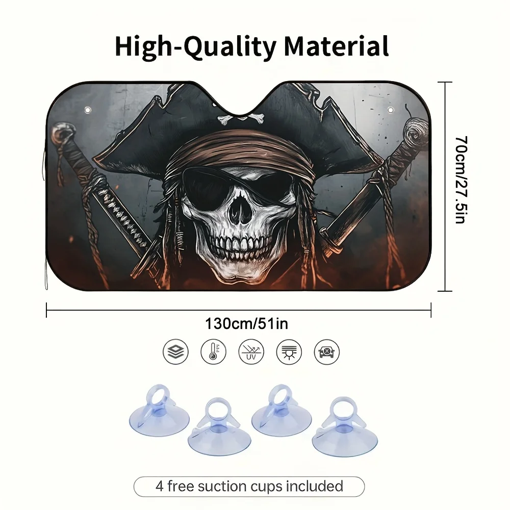 1pc Halloween Pirate Skull Design Car Sunshade – Maintains Coolness Inside The Vehicle, Comes With 4 Suction Cups, Collapsible &
