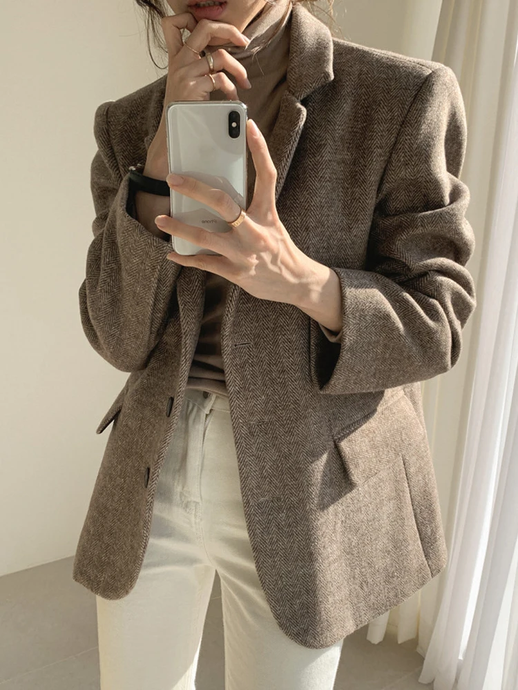 Ele Loose Midi Suit Jaet for Women Autumn Winter 2023 Vintage Sle Long Collarl Coat Commute Faion Single Color