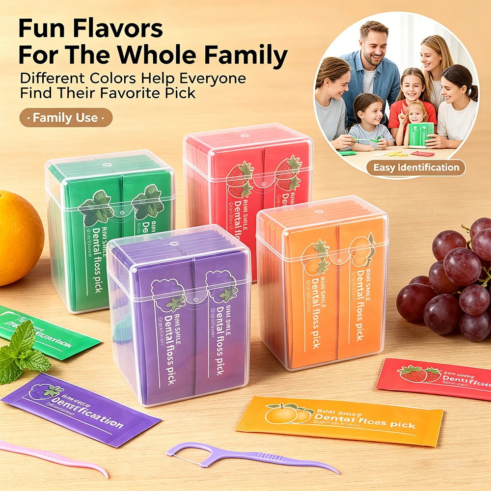 4 Fruit Flavors Individually Wrapped Dental Floss Picks, Mint Strawberry Orange Grape Disposable Floss Sticks, Smooth Flexible