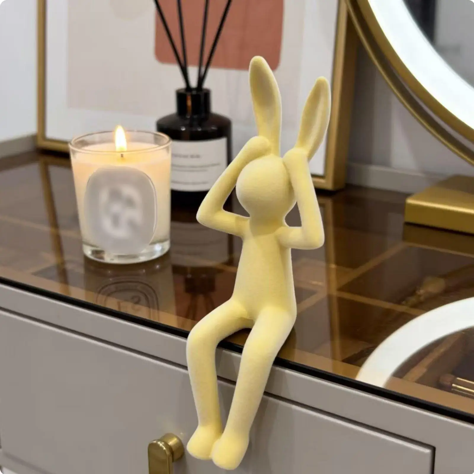 Seenot-evil Bunny Statue Flocked Resin Figurine Soft-touch Pastel Animal Ornament for Interior Decoration Display