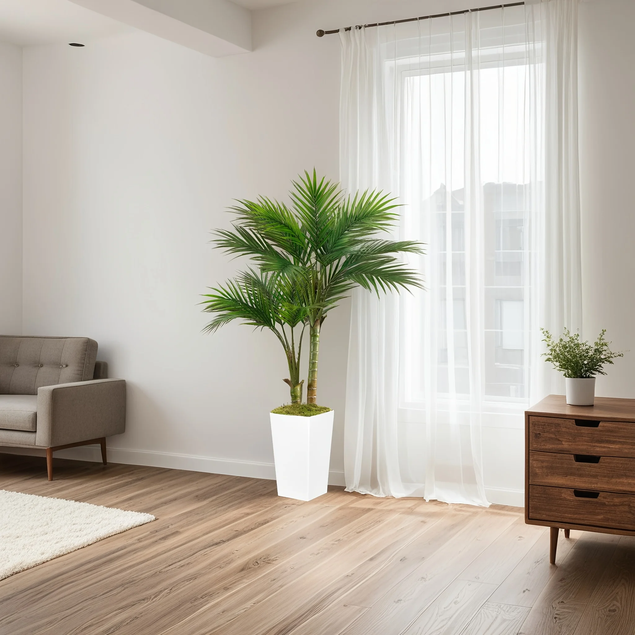 

5ft Artificial Palm Tree Indoor With Tall White Planter, Fake Palm Tree Plant For Home Decor Living Room Floor Entryway Office