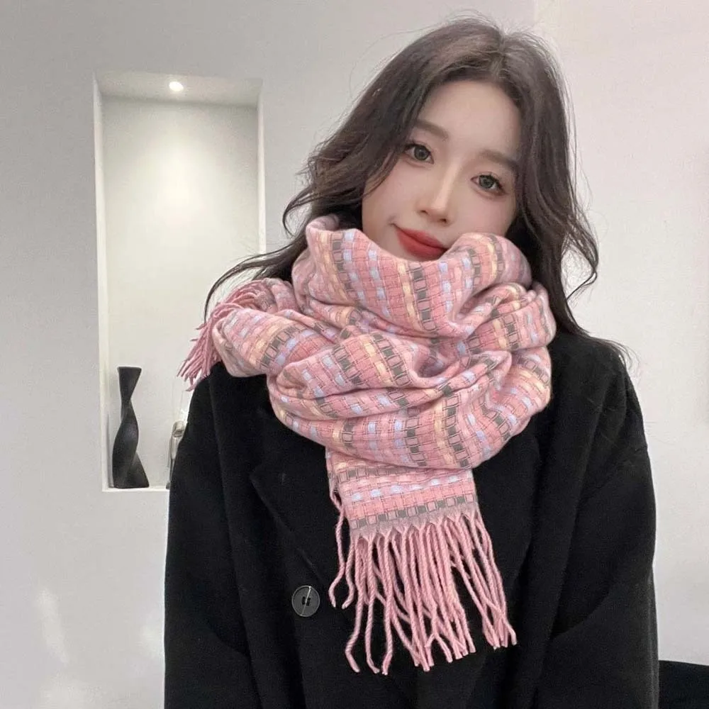 

Мягкий клетчатый шарф с дофамином контрастного цвета, вязаная шерстяная шаль в корейском стиле, длинный шейный платок из искусственного кашемира с защитой от холода и кисточкой