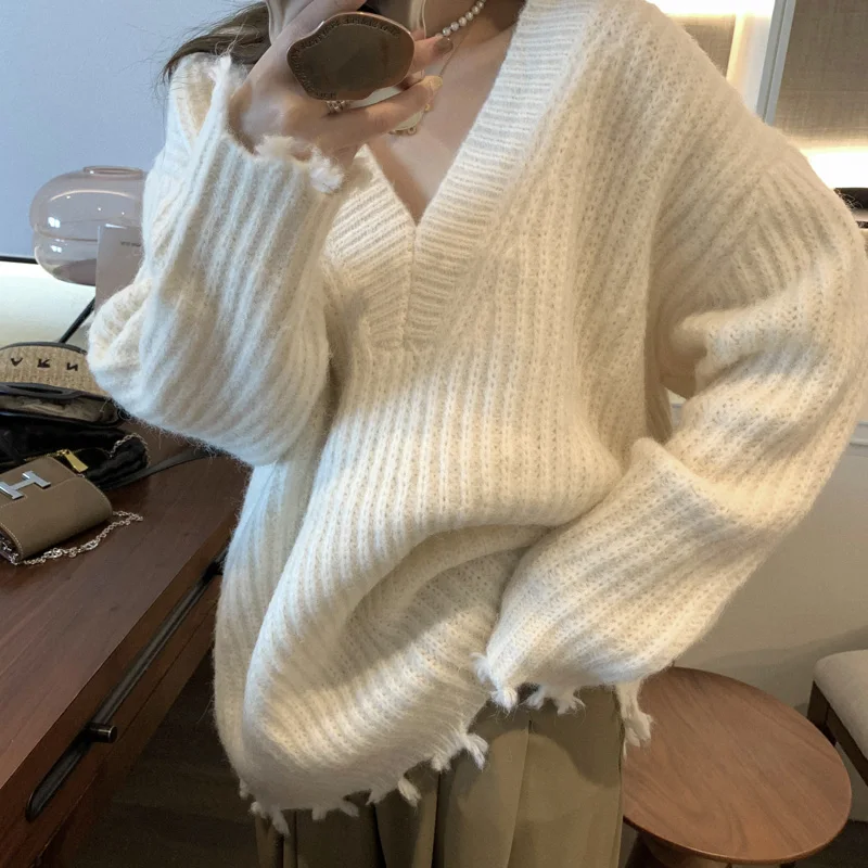 

Deep V Neck Knit Pullovers Women Thickening Fall Winter Casual Loose Fringe Long Sleeve Sweater Tops 4 Colors