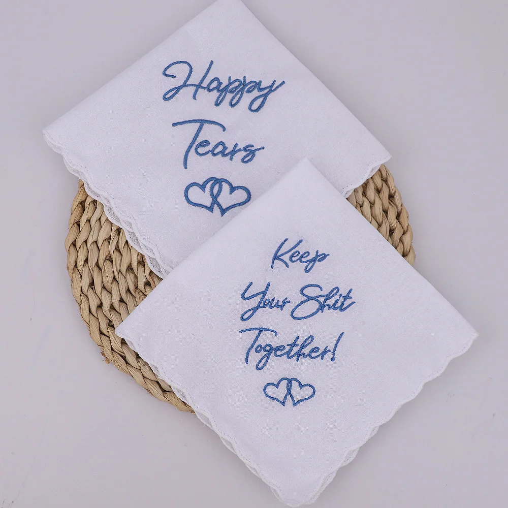 ハッピーティアーズ刺繍入りコットンハンカチ、正方形ハンカチ、結婚式の記念品、花嫁への贈り物、結婚式のパーティー記念品、30-30cm