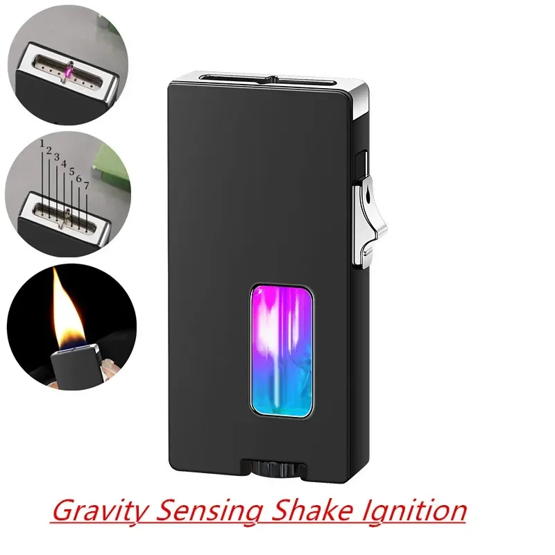 

Wide Free Fire Seven Hole Outlet Gravity Sensing Shake Ignition Lighter LED Visible Gas Window Butane Gas Electric Lighter