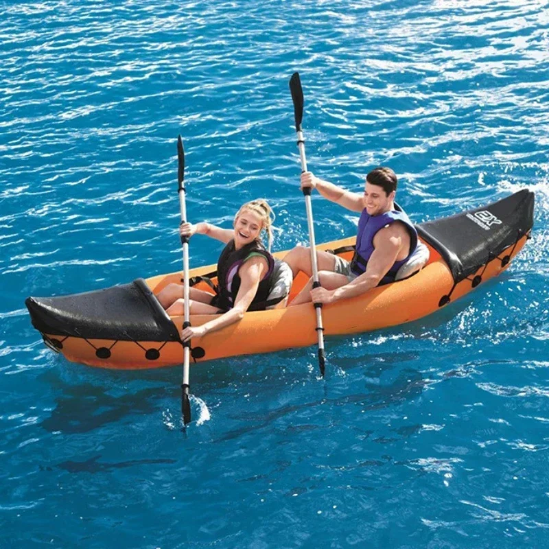 Barco de pesca de deportes acuáticos portátil naranja con bomba de aire de paleta y bolsa para 2 personas, kayak inflable de 321 por 88cm