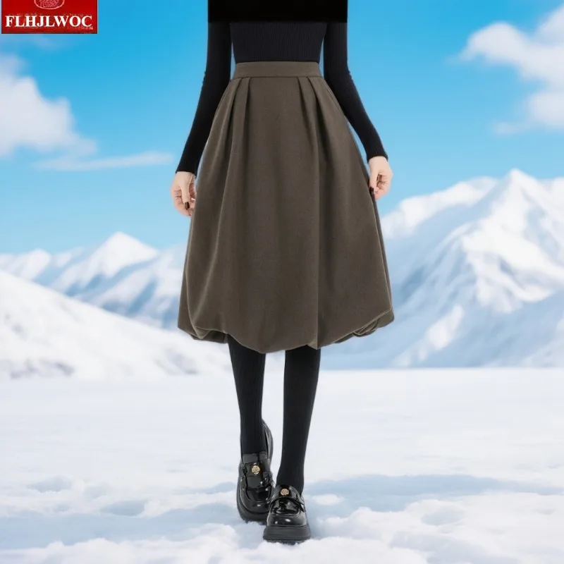 Puszysta Wełniana Spódnica Bufka Zima Wiosna 2026 Nowy Rok Urocza Słodka Japońska Dziewczęca Elegancka Damska Mała Czarna Spódnica do Kolan