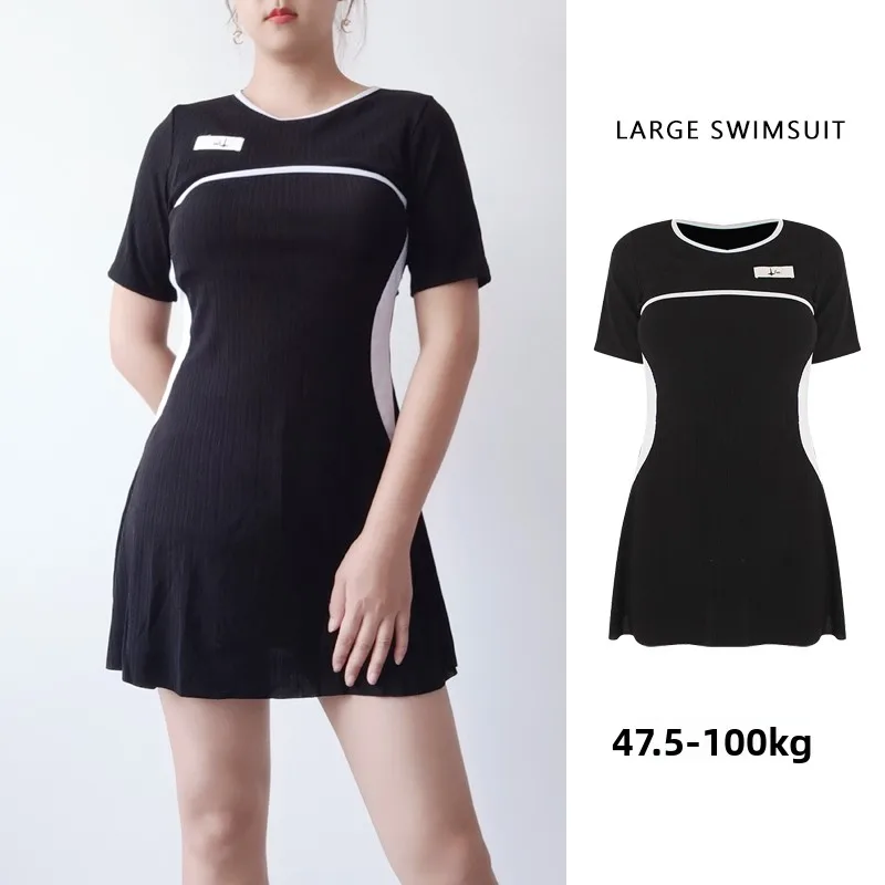 

2025 New plus Size Tee Piece Set Swimwear Skirt Sle ort Sve Women's Summer plus Size Swimming Costume with Chest Pad