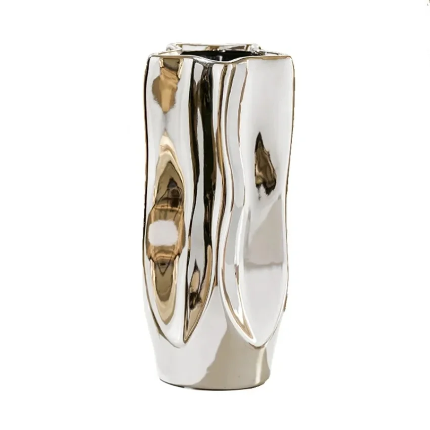 Ceramic Vase Luxury Electroplated Silver Flower Arrangement Irregular Porcelain Hydroponic Vase Ornament Interior Art Decoration
