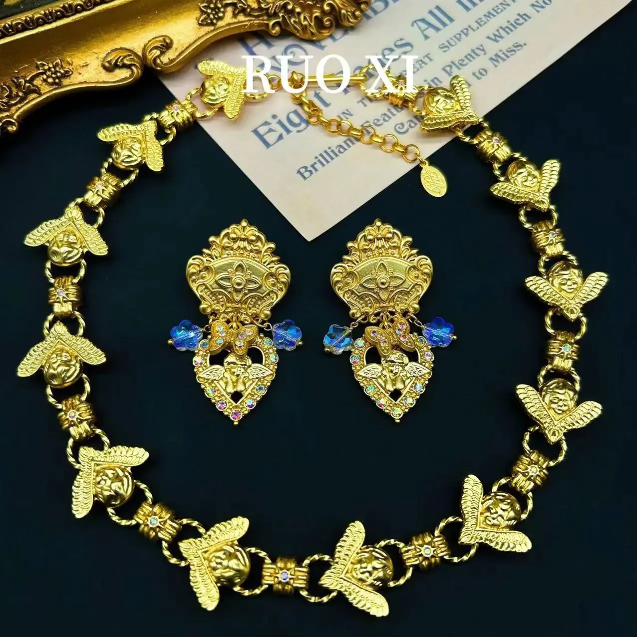 

Vintage Elegant Jewelry Sets for Women Elegant Necklace Earrings Golden Toned Angel with Blue Gemstones Lucky Jewelry