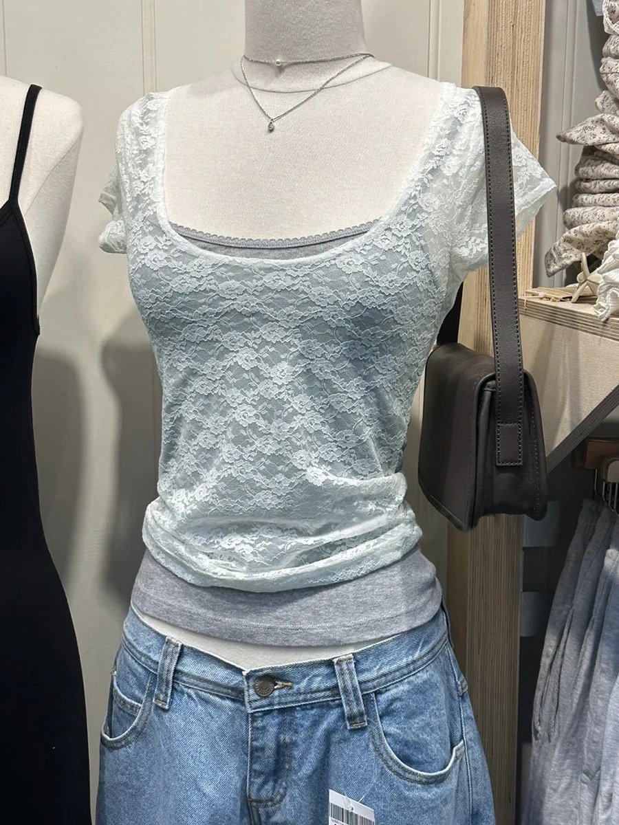 Lace Jacquard Transparent T-shirt Women Scoop Neck Sheer Slim Short Sleeve T-shirts Summer New Sweet Sexy Basic Smock Tops Tees