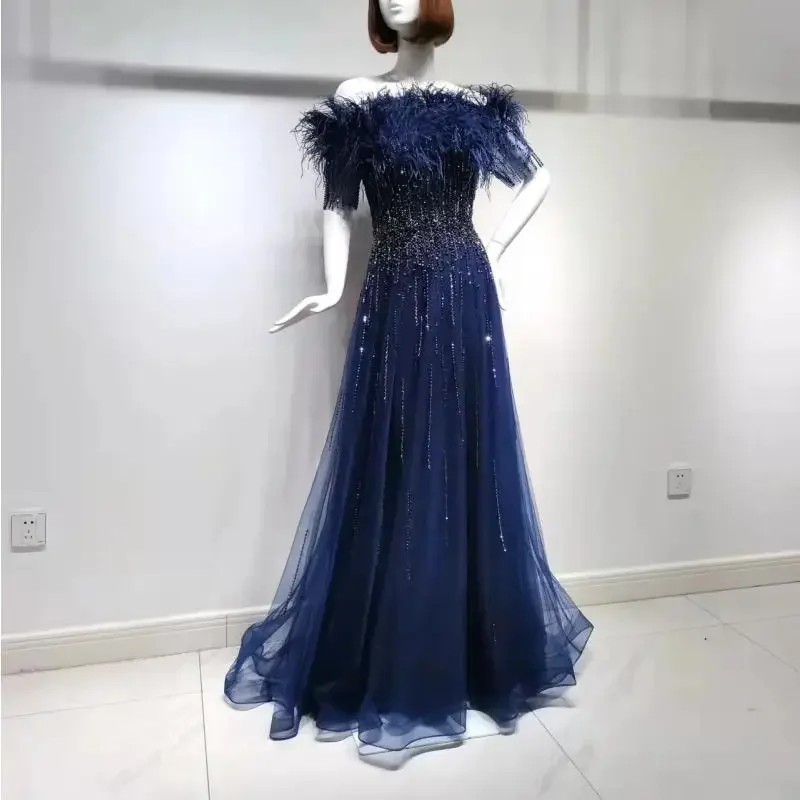 

Navy Blue Feathers Gowns Fashion Women A-Line Evening Dresses Luxury Host Dress Feather Prom dress For Women Wedding Party