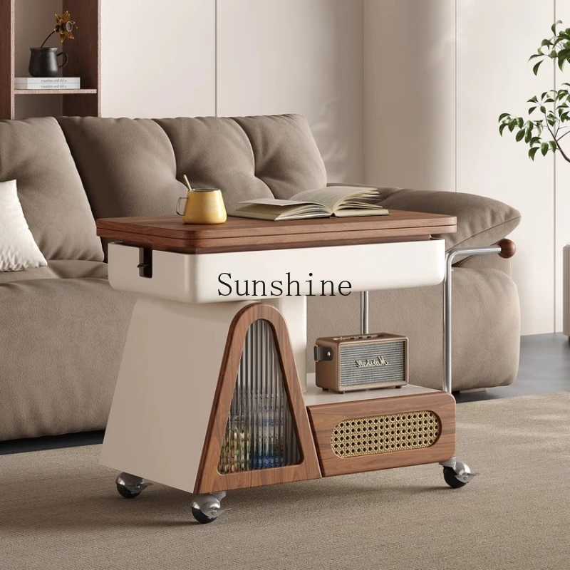 Modern minimalist movable living room solid wood coffee table tea table integrated rotating tea dining car