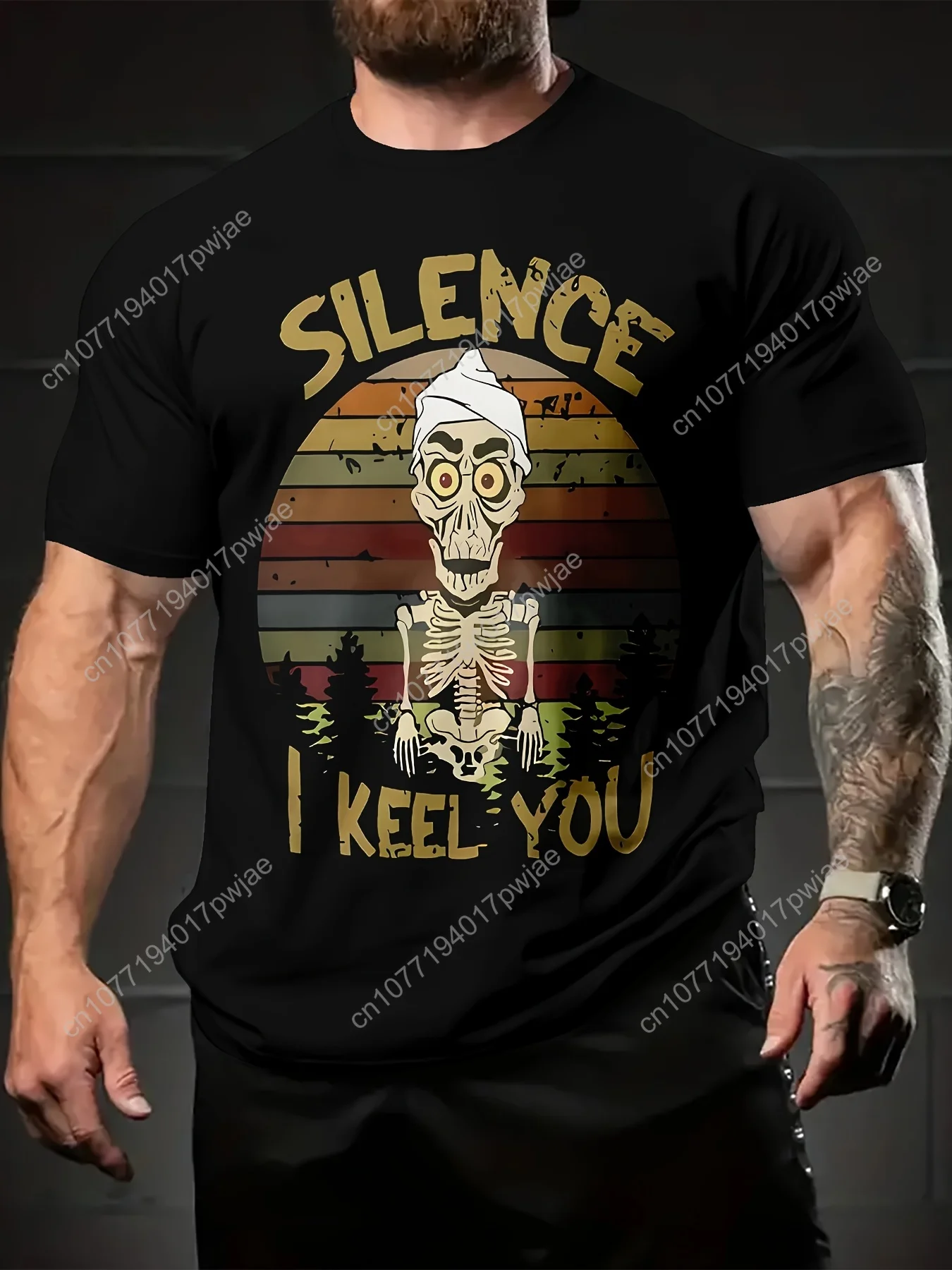 Men's Novelty T-Shirt | Polyester Casual Tee with 'SILENCE I KEEP YOU' Skeleton Graphic | Round Neck, Regular Fit | Machine Wash