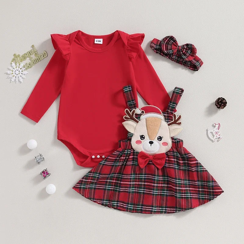 Christmas Gifts Baby Girl Outfit My First Christmas Infant Long Sleeve Romper Suspender Skirt Set Xmas Costume Clothes