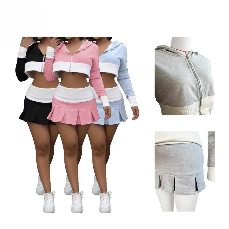 

Summer 2025 Women Clothes Set Zipper Hoodies and Pleated Mini Skirt Long SLeeve Crop Top 2 Piece Sets for Women